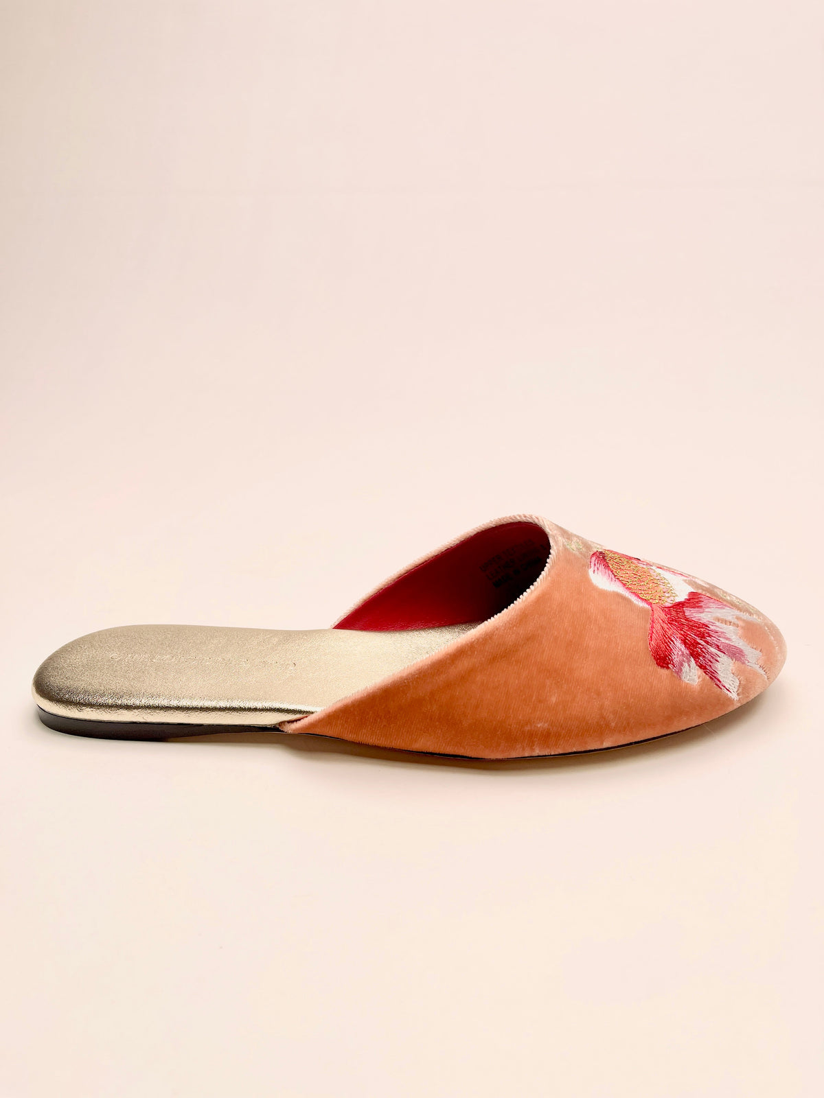 Peach velvet mule slipper with goldfish embroidery and red interior, single profile