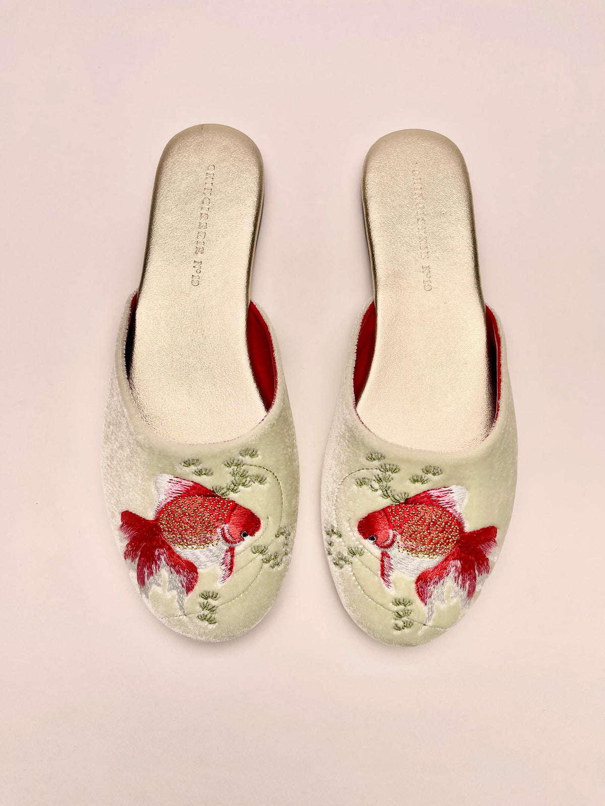 Chiffon mint velvet mule slippers with goldfish embroidery, slip-on design