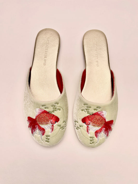 Chiffon mint velvet mule slippers with goldfish embroidery, slip-on design