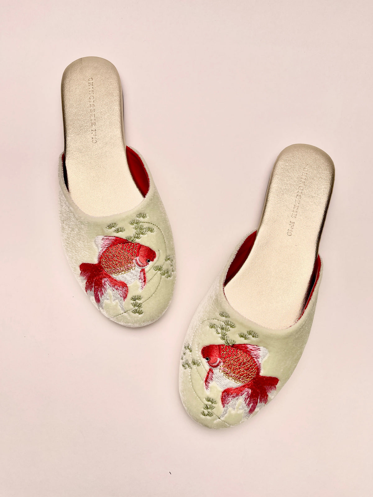 Mint velvet mule slippers with embroidered red goldfish on toe, slip-on