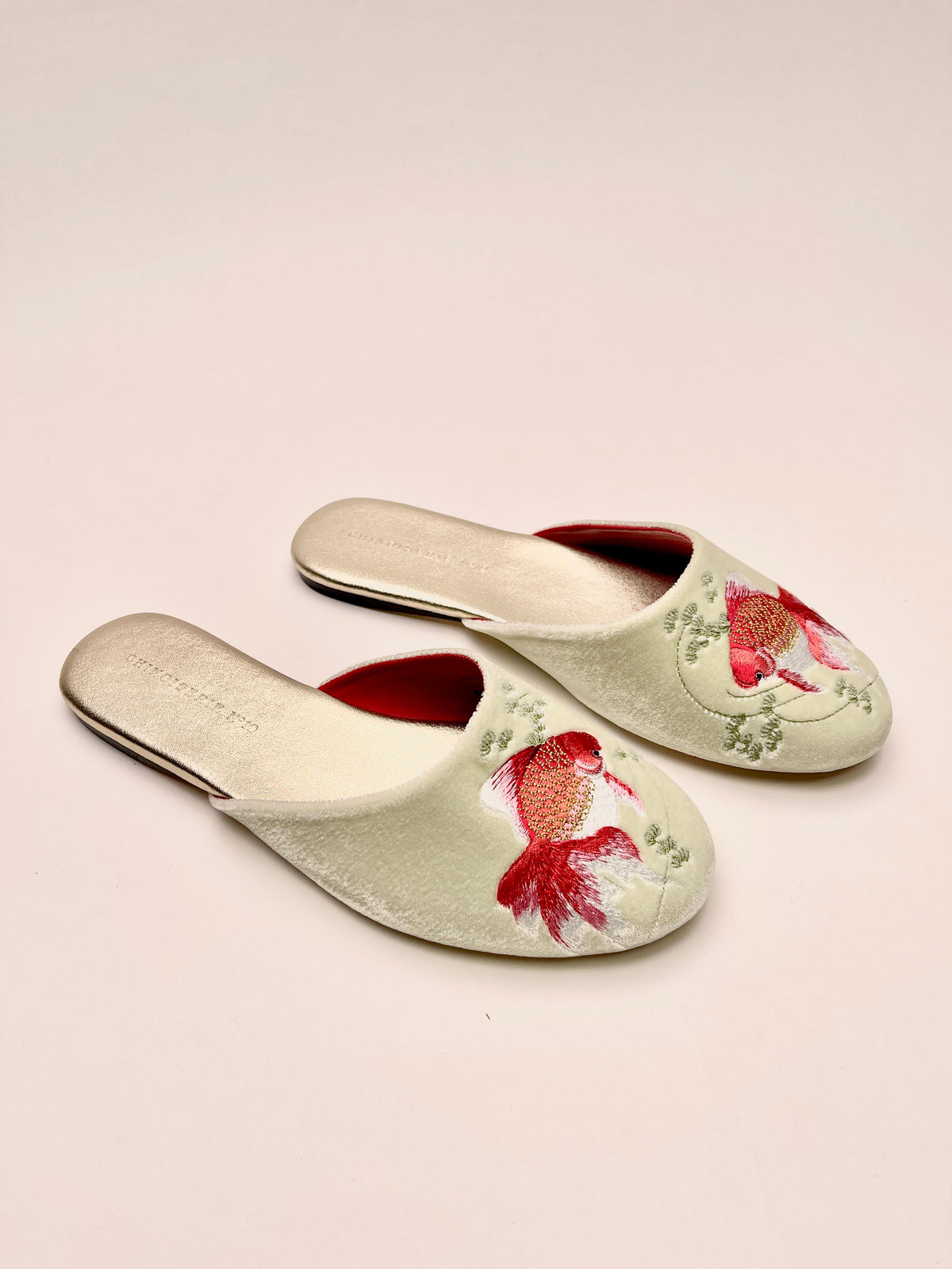 Mint velvet mule slippers, goldfish embroidery on top, open slip-on style