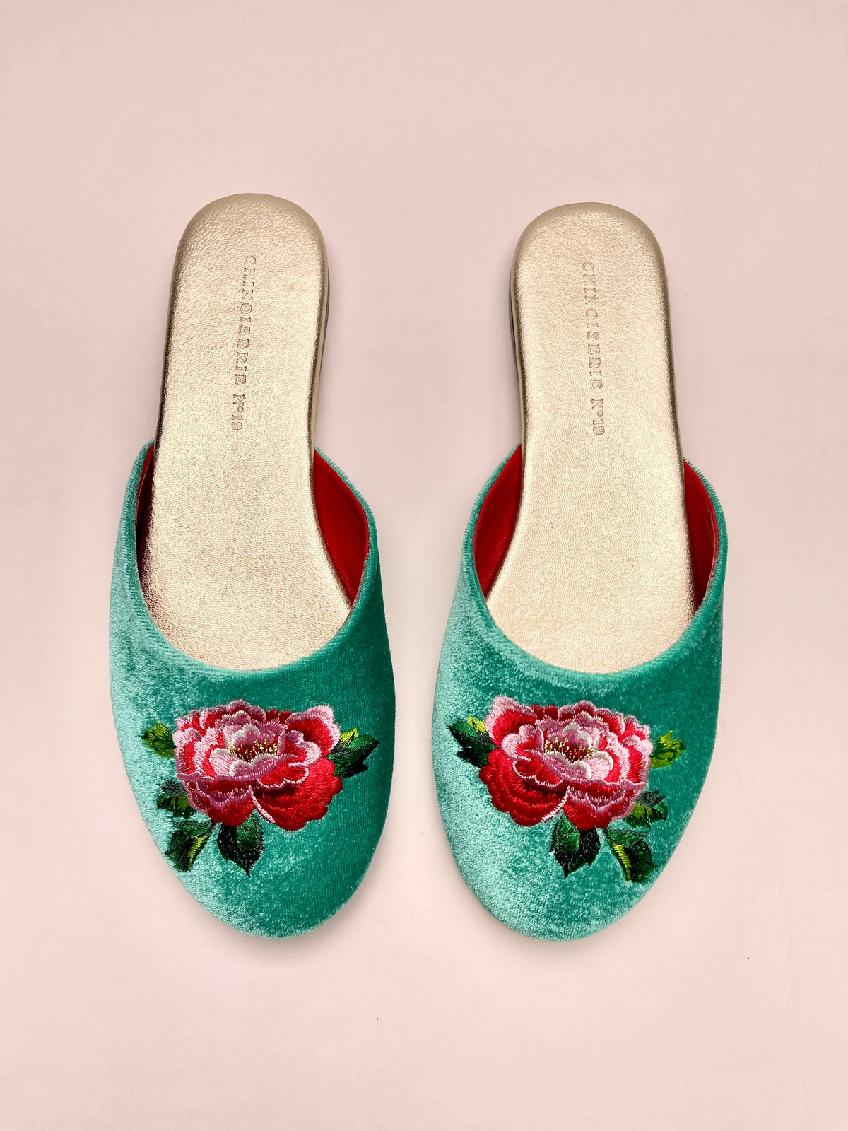Jade green velvet mule slippers with peony embroidery, two pairs side-by-side