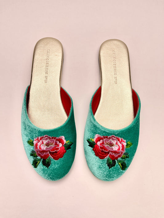 Jade green velvet mule slippers with peony embroidery, two pairs side-by-side