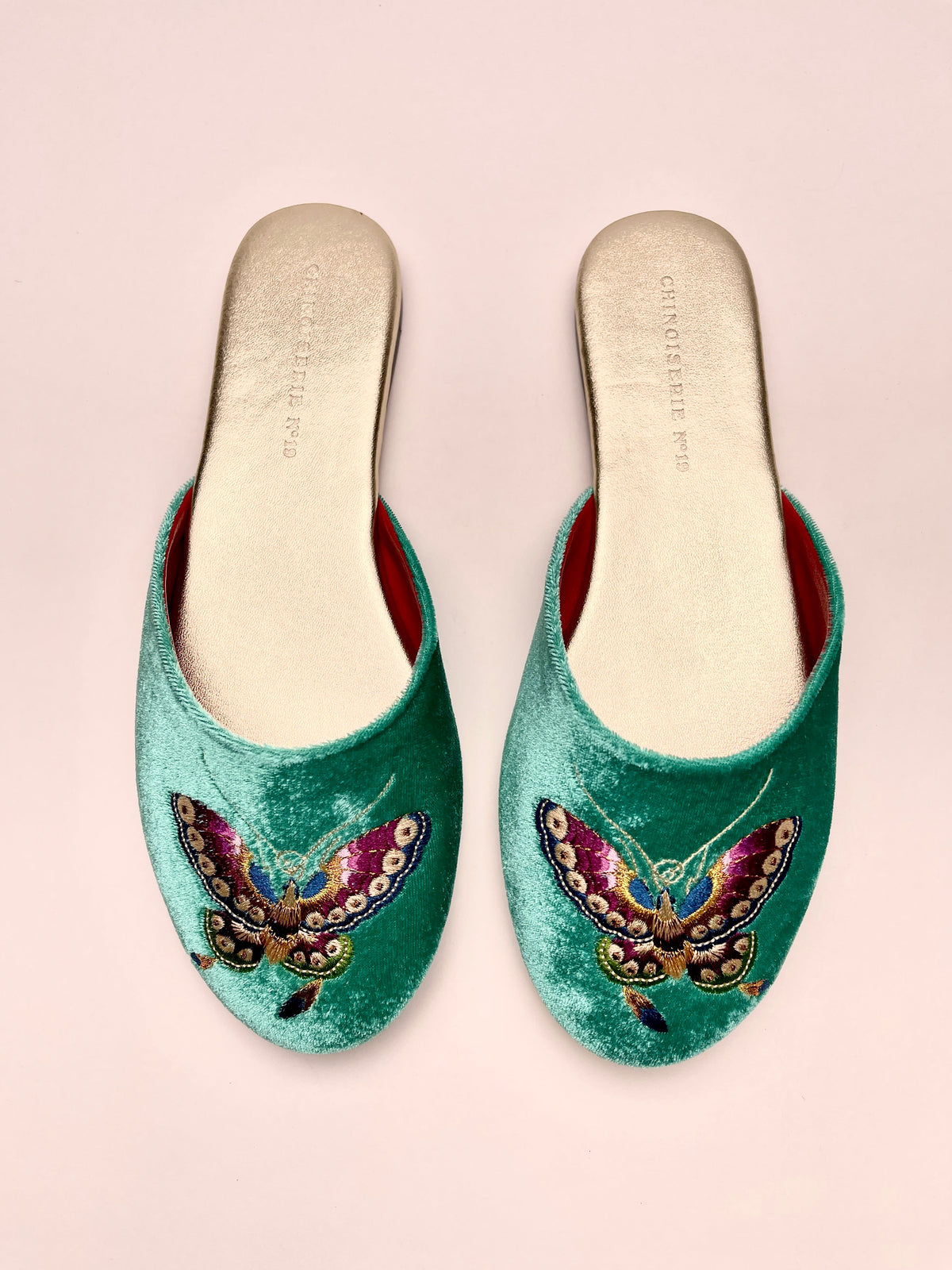 Jade green velvet mule slippers with butterfly embroidery, slip-on, red lining.