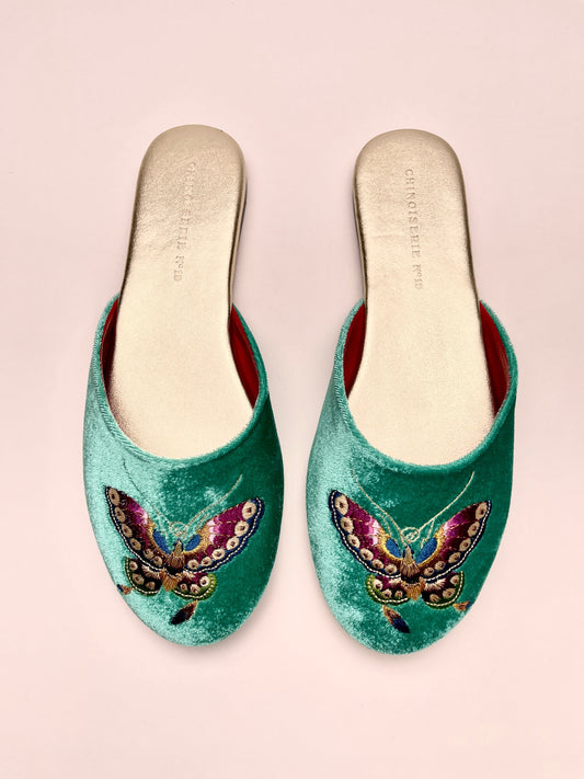 Jade green velvet mule slippers with butterfly embroidery, slip-on, red lining.