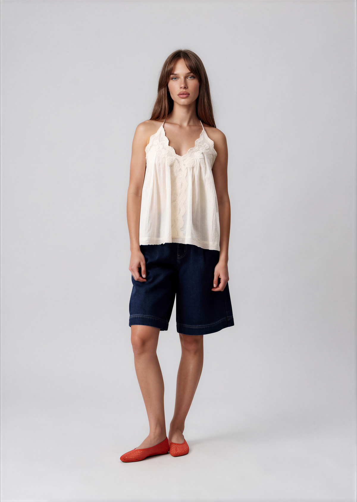 Cream lace-trim halter camisole with gathered bust