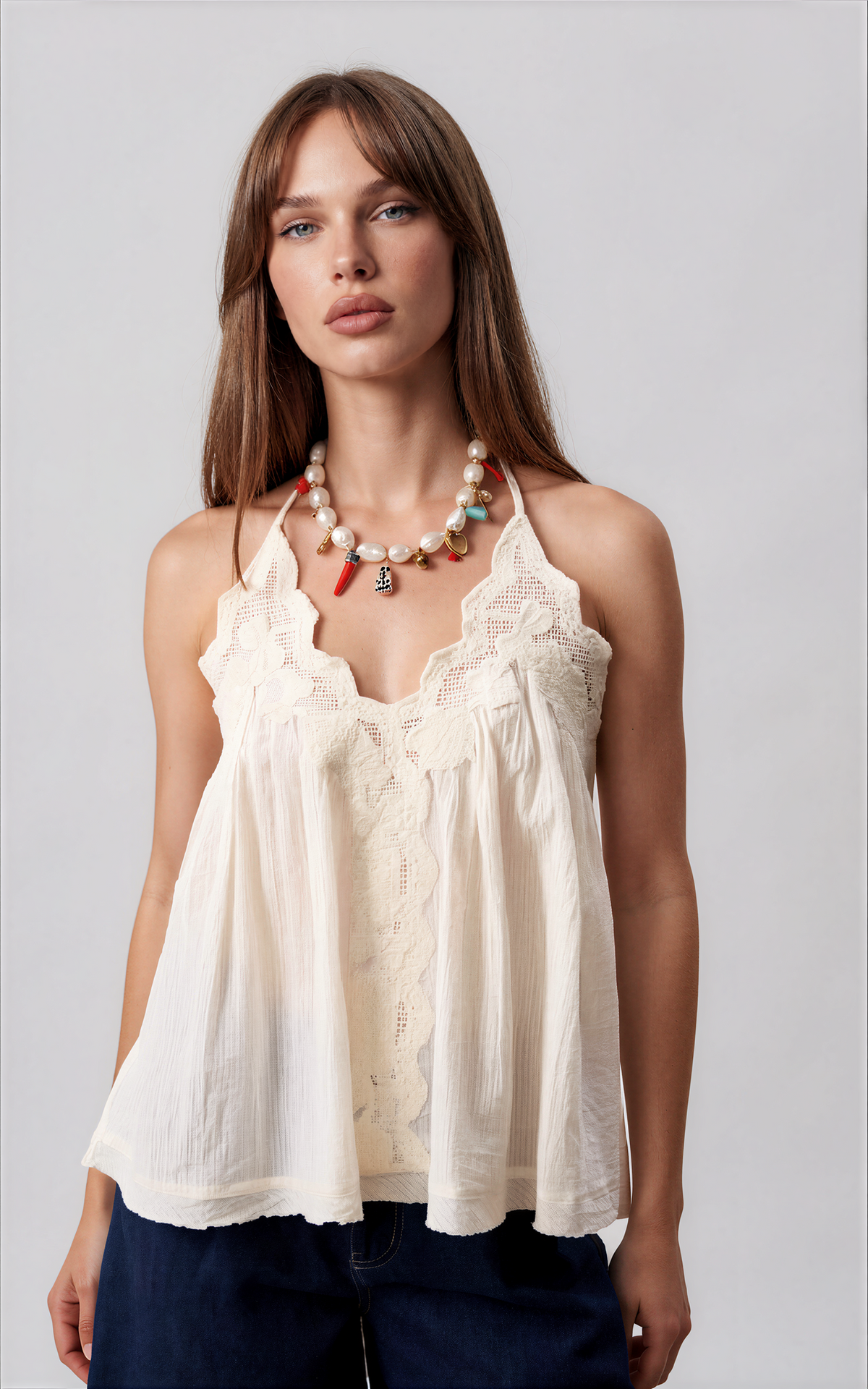 Cream lace-trim halter camisole