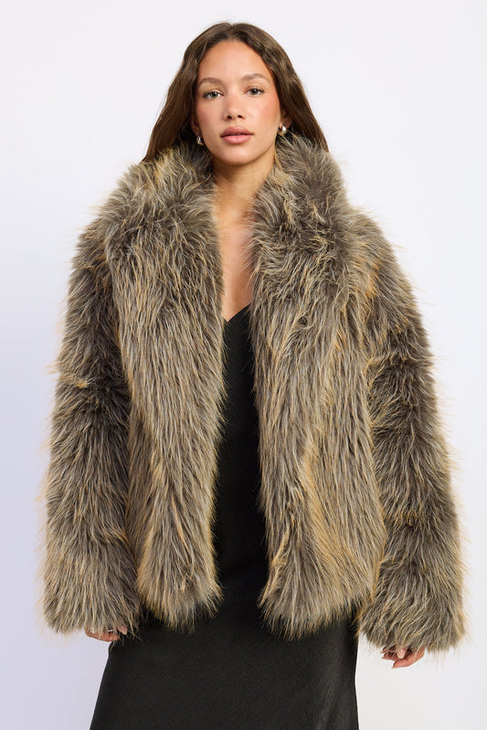 Khaki beige fur jacket with open front and shawl collar, long sleeves