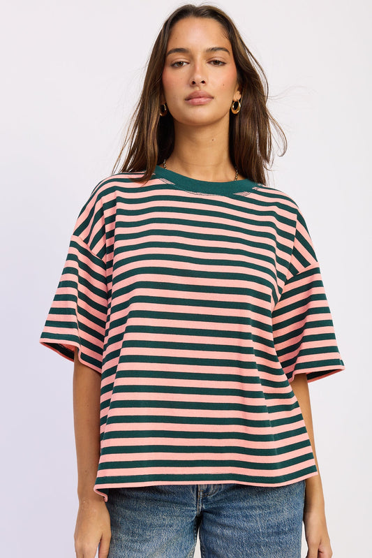 Nerissa oversized top with green and pink striped crew neck, short sleeves