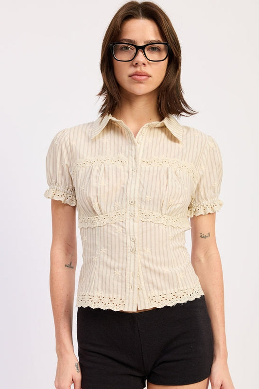 Natural striped button-up top with puff sleeves and lace-trim waist