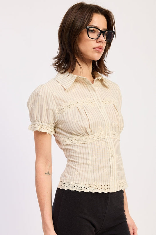 Natural striped button-up top with puff sleeves, lace trim, and front placket