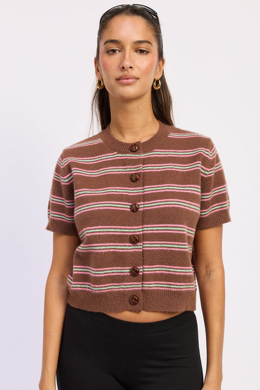 Brown striped cropped cardigan with button front and short sleeves