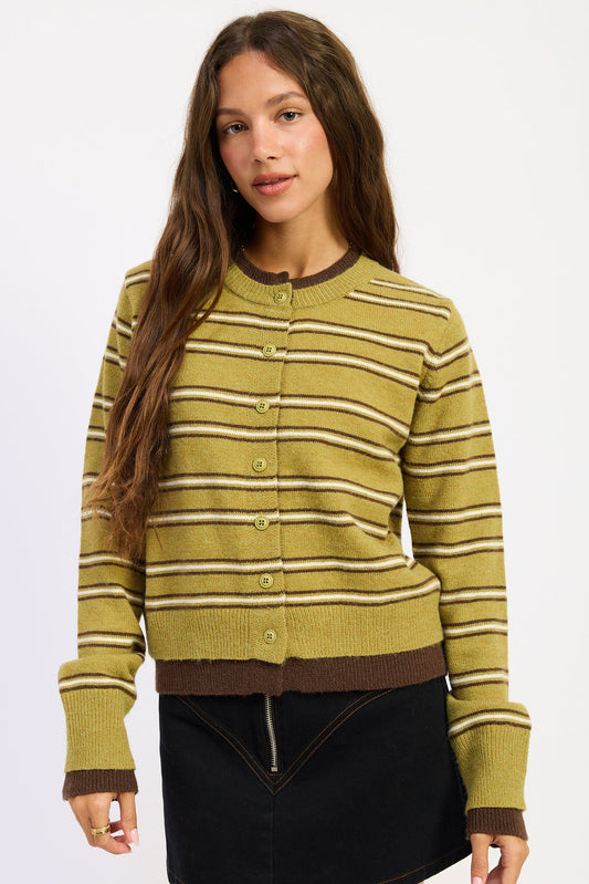 Olive striped button-front cardigan with long sleeves and ribbed hem