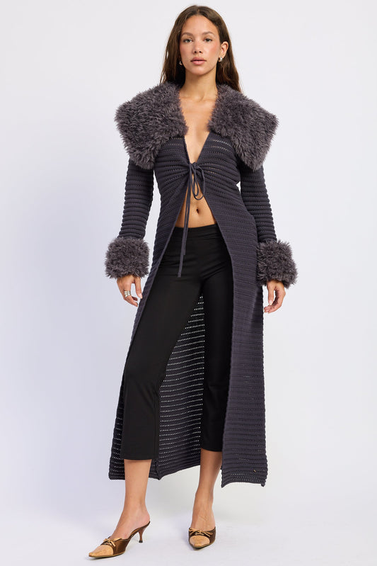 Long dark cardigan with fluffy fur-like shoulders and cuffs, open front