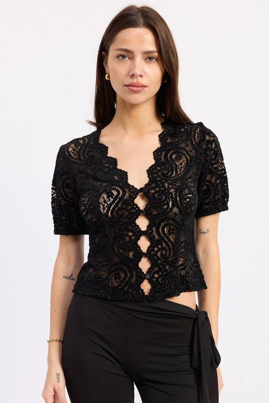 Black lace V-neck top with short sleeves and central open cutout detail