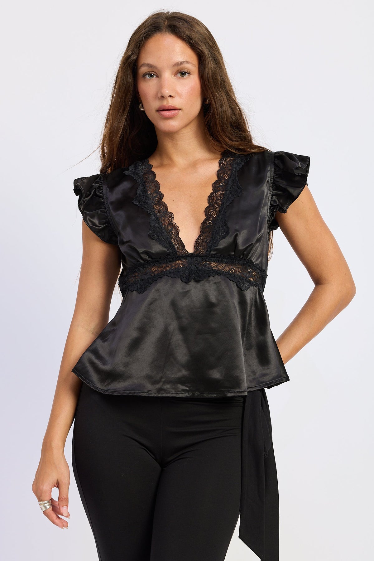 Aliza black satin top with lace V-neck and ruffled flutter sleeves