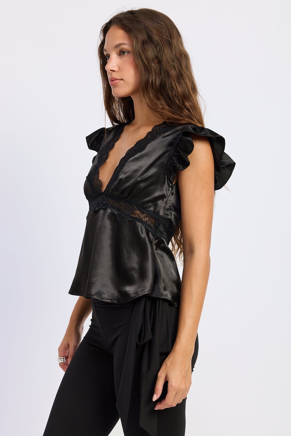 Aliza black satin top with lace V-neck and short ruffle sleeves