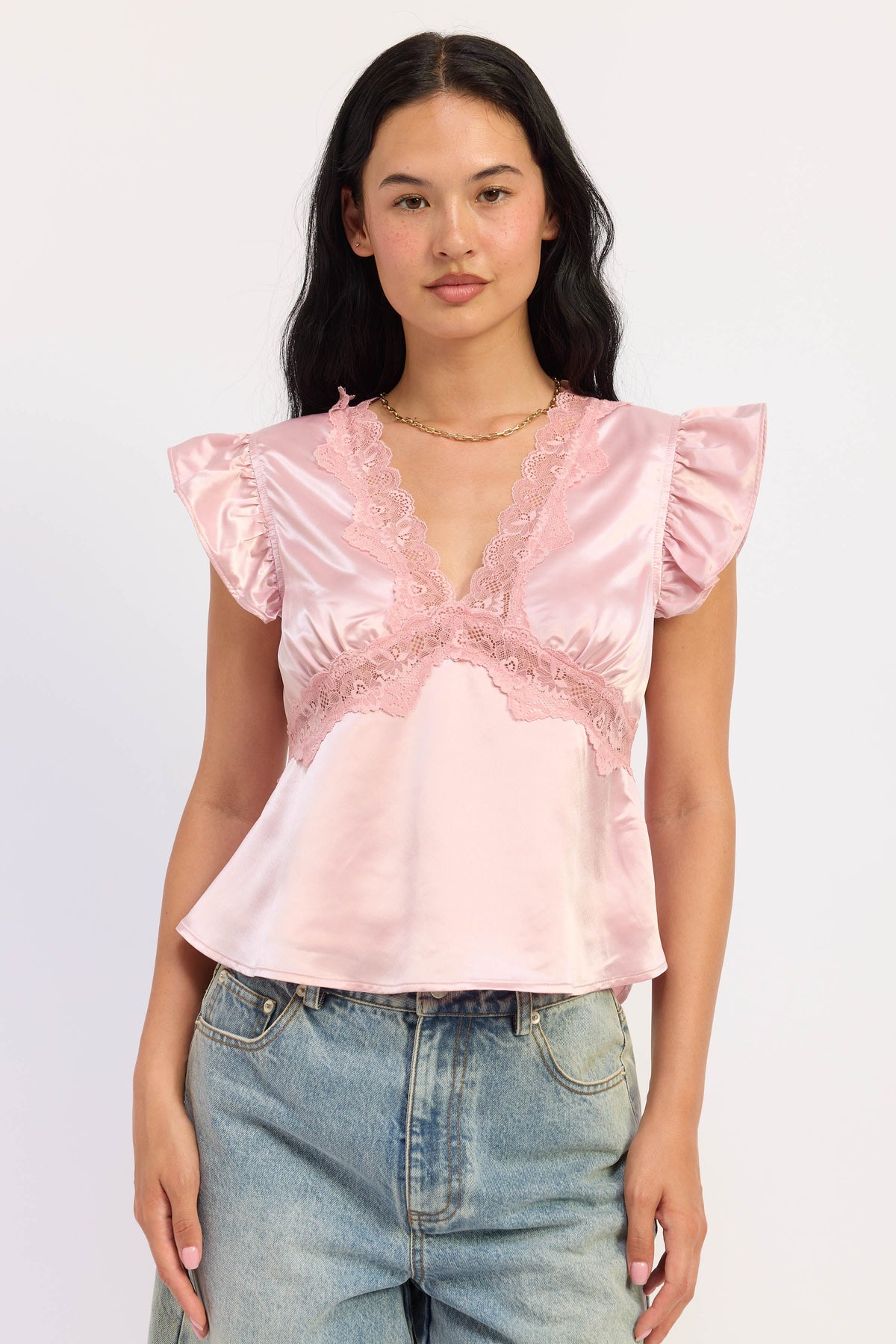 Aliza pink satin top with lace V-neck and ruffled flutter sleeves