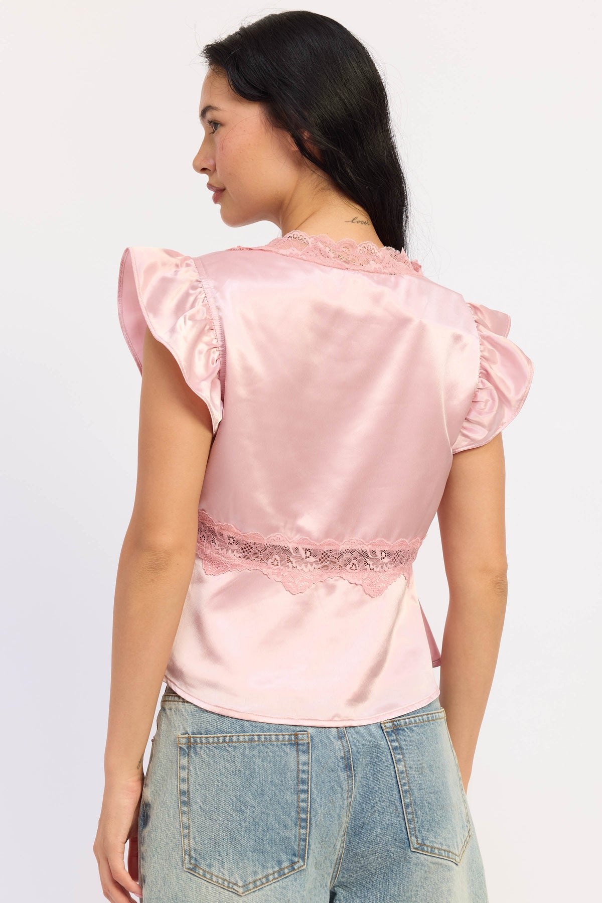 Aliza pink satin top, back view, ruffled shoulder sleeves with lace trim