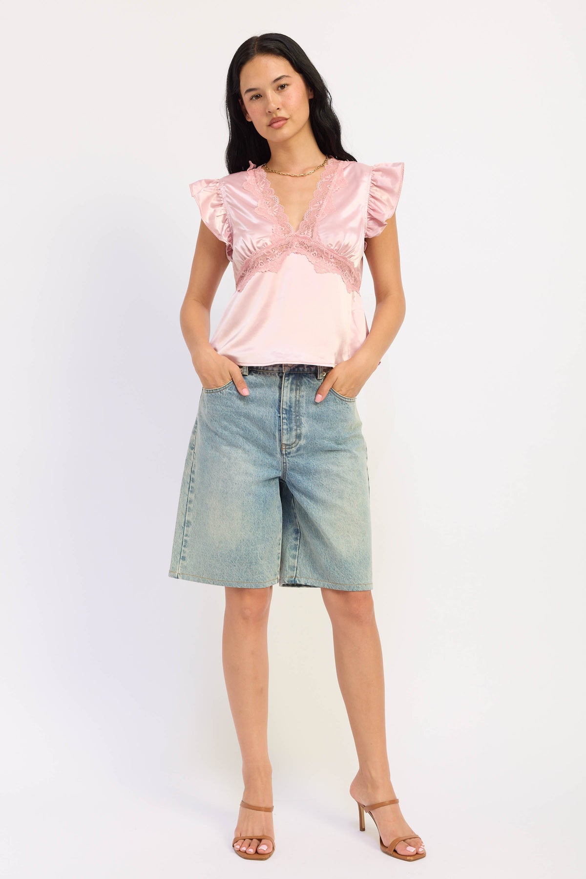 Aliza pink satin top with lace V-neck and ruffled flutter sleeves