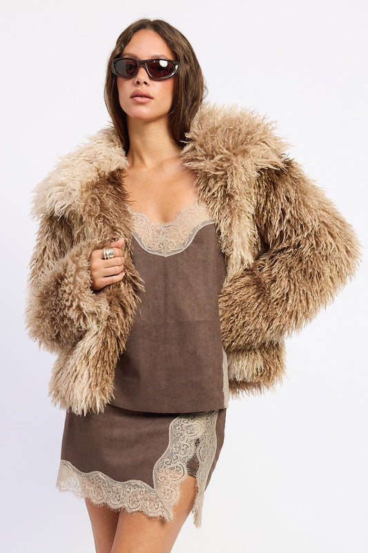 Shaggy faux fur coat with open front, brown tie-dye texture, long sleeves