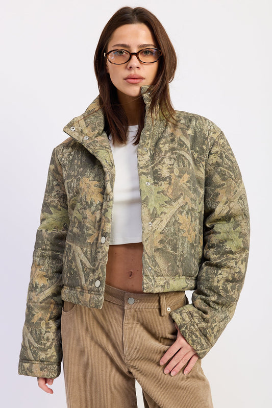 Olive tan camo puffer jacket with hood, snap buttons, and ribbed cuffs