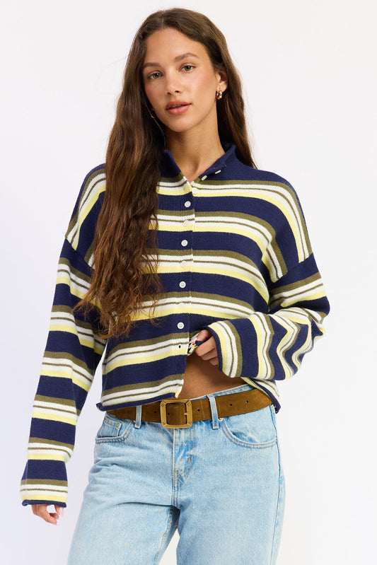 Striped cardigan in navy and cream with button front and long sleeves