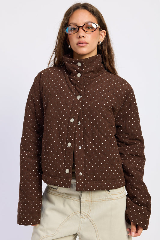 Brown button-front jacket with small white dot pattern, stand collar and hood