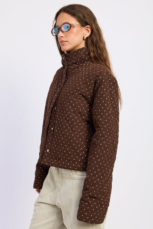 Brown dot-print hooded jacket with button front and long sleeves