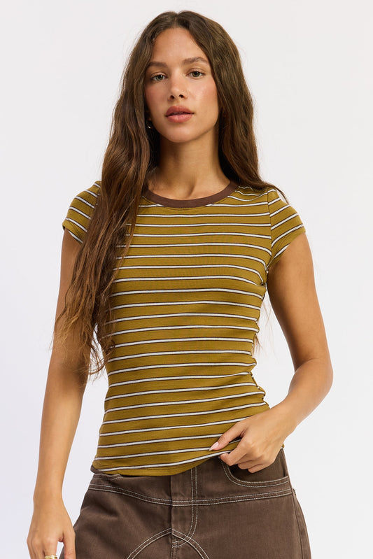 Olive striped top with crew neck and cap sleeves, fitted knit with ruched sides