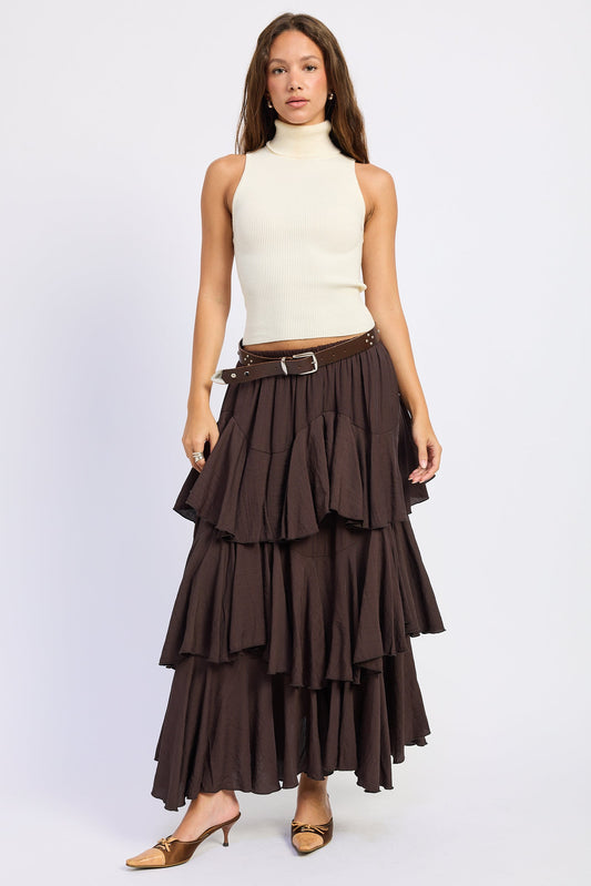 Brown maxi skirt with layered ruffles and wide belt with eyelet details