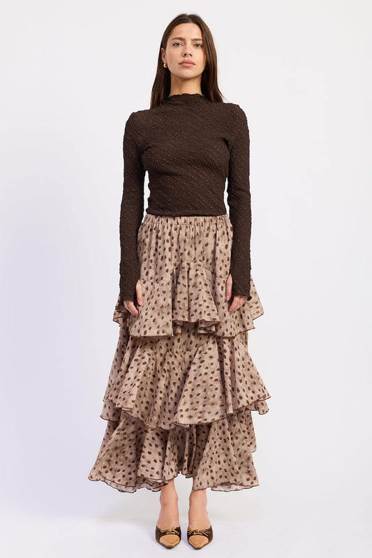 Tiered maxi skirt with brown speckled print, ruffle tiers, smocked waist