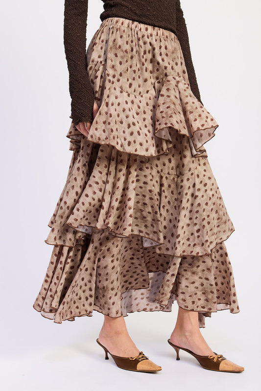 Ruffle-tiered maxi skirt in speckled beige-brown with layered flutter hems