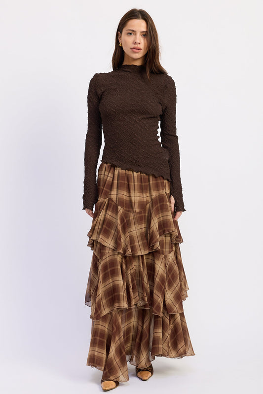 Brown plaid tiered maxi skirt with ruffled layers