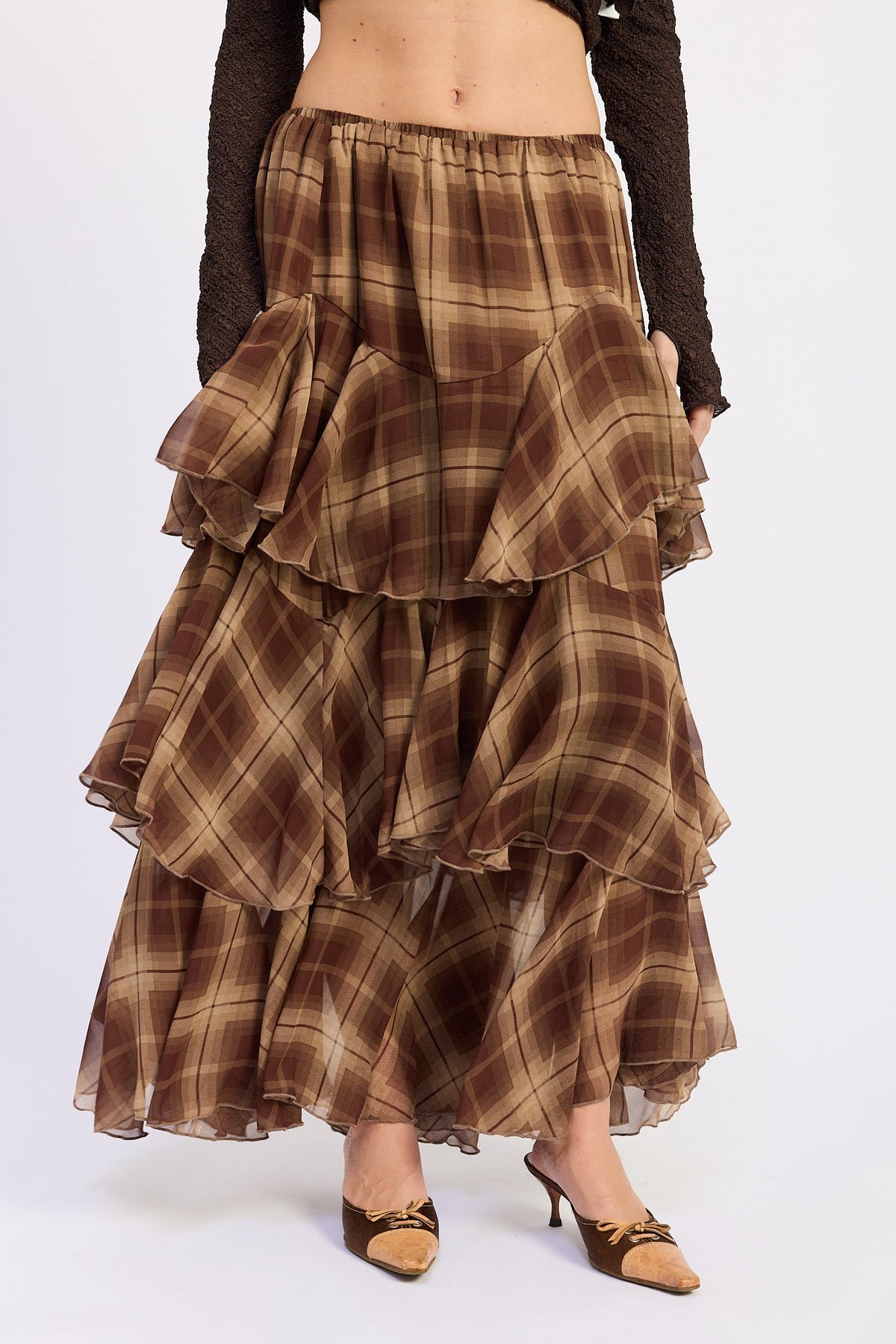 Brown plaid tiered maxi skirt with layered ruffles and gathered waist