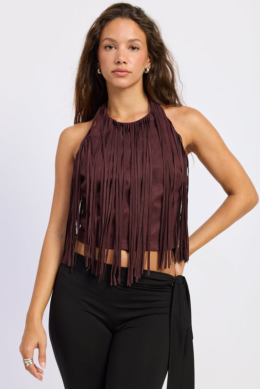 Black Cherry halter neck fringe top, sleeveless with vertical tassel detail