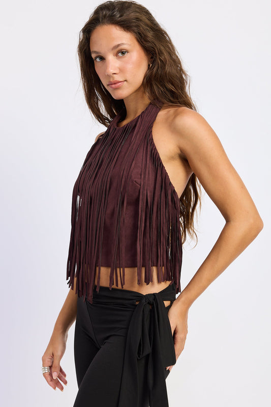 Black Cherry halter neck sleeveless fringe top with tassels and cropped hem