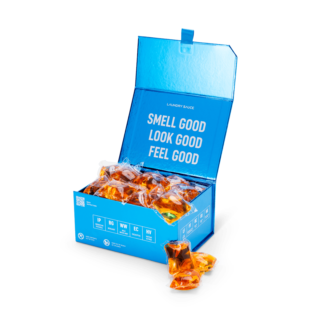 Blue open box of laundry detergent pods with scattered wrapped pods on the side