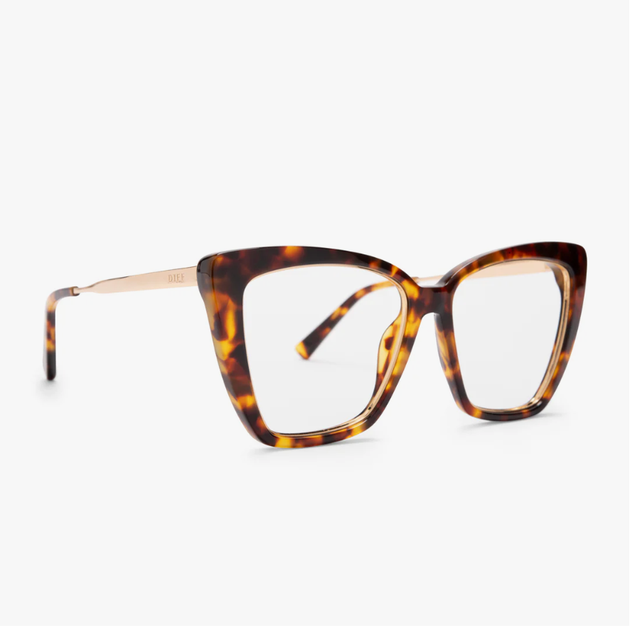 Amber tortoise square glasses shown at an angle with slim gold-tone temples