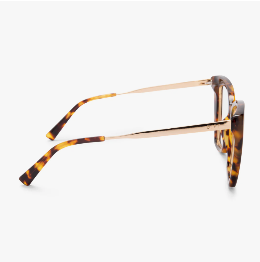 Side view of glasses with amber tortoise rims and slim gold-tone temples