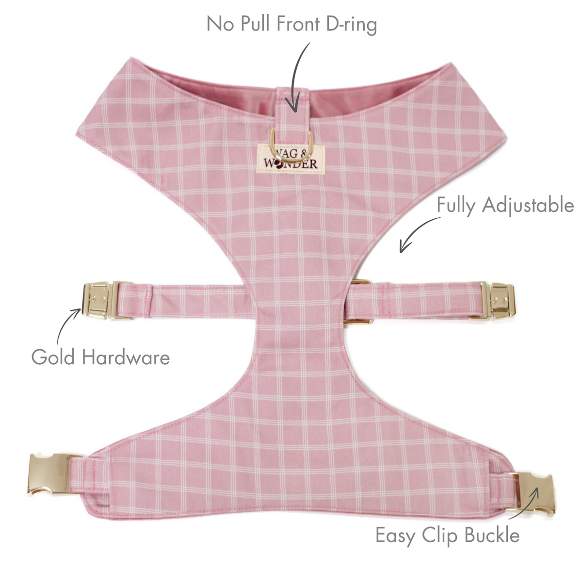 Pink plaid reversible harness with gold hardware, clip buckle, no front D-ring