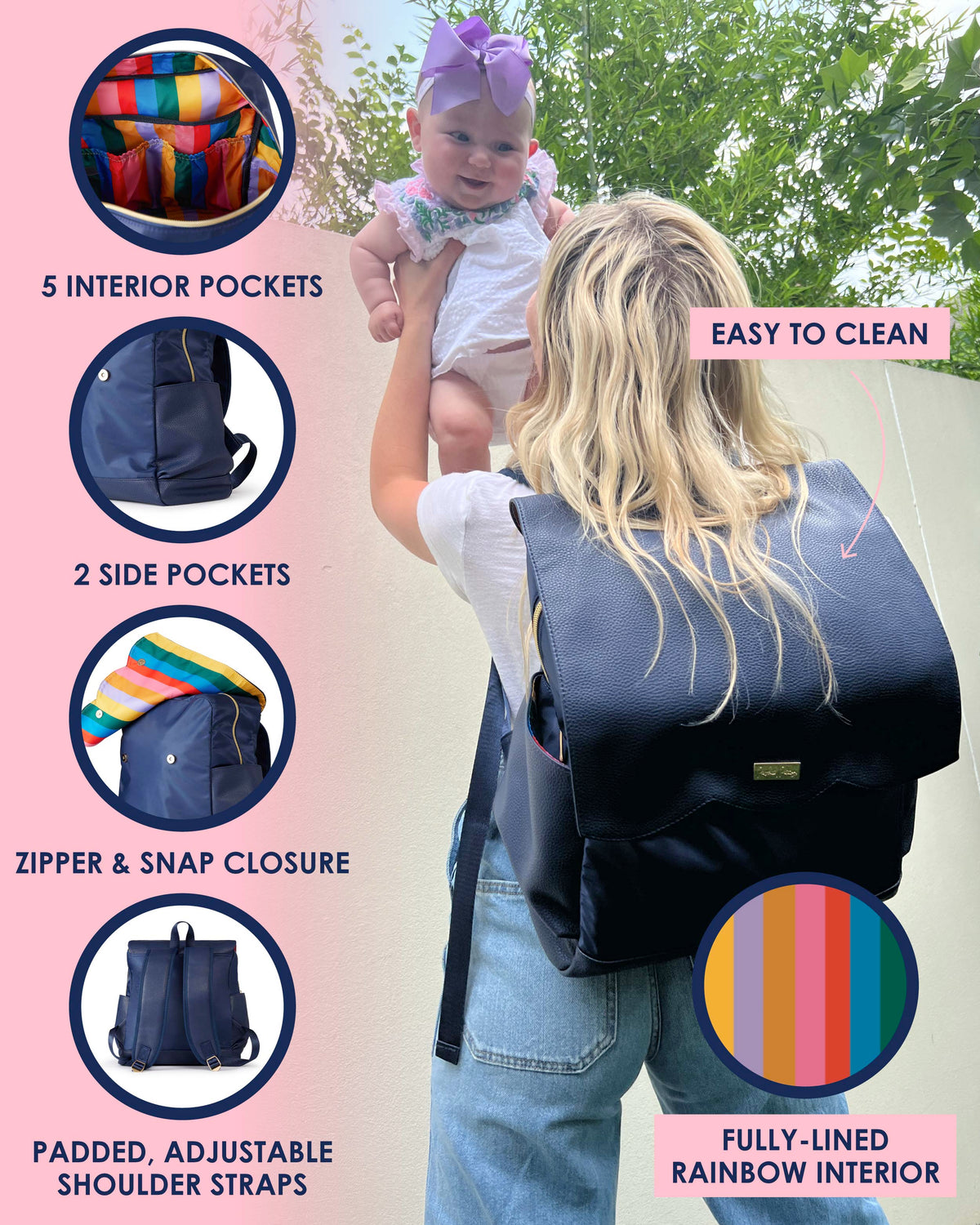 Navy diaper bag backpack showing rainbow interior lining and front pocket