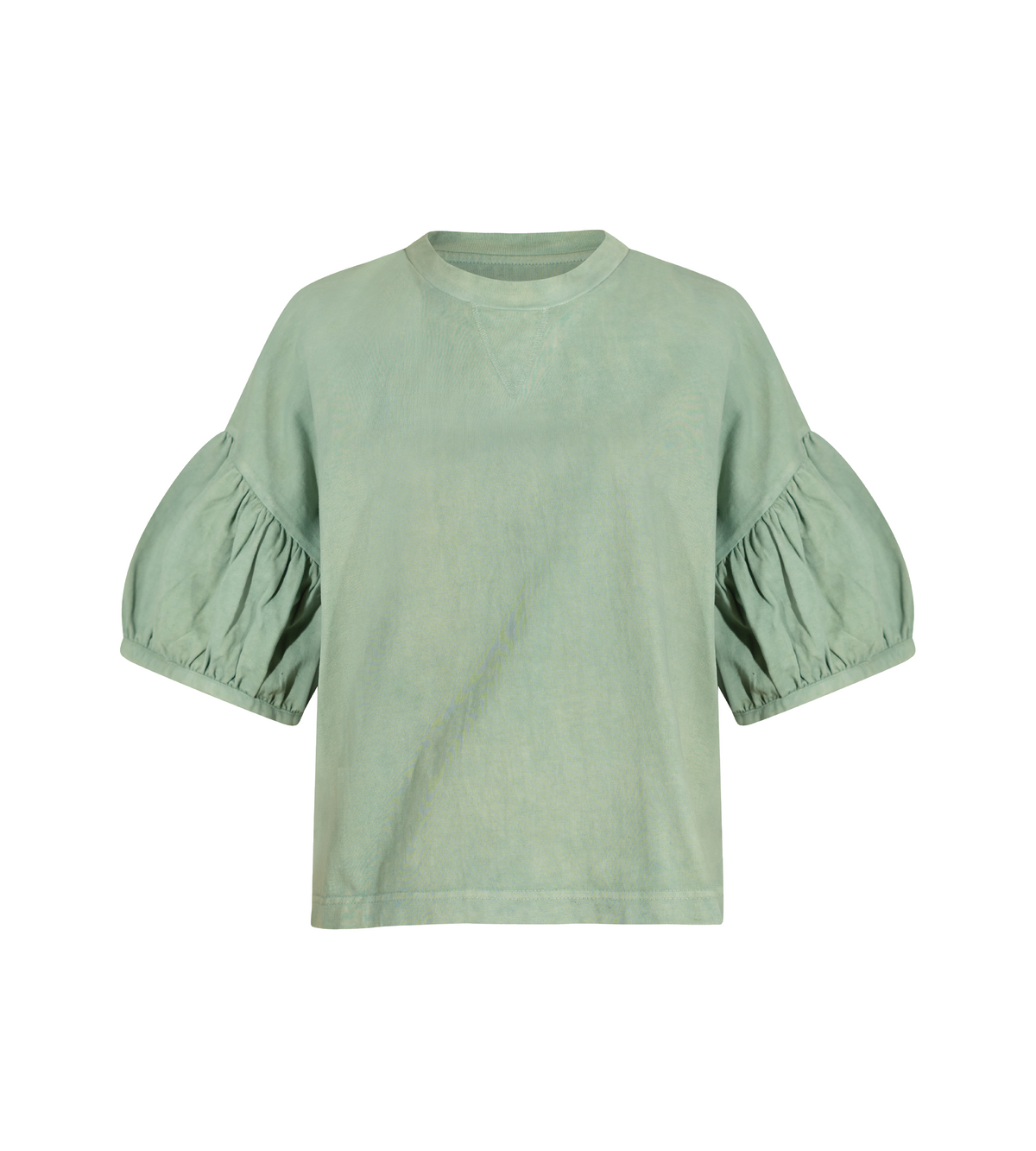 Front view of a sage green tee with a crew neck and voluminous gathered sleeves
