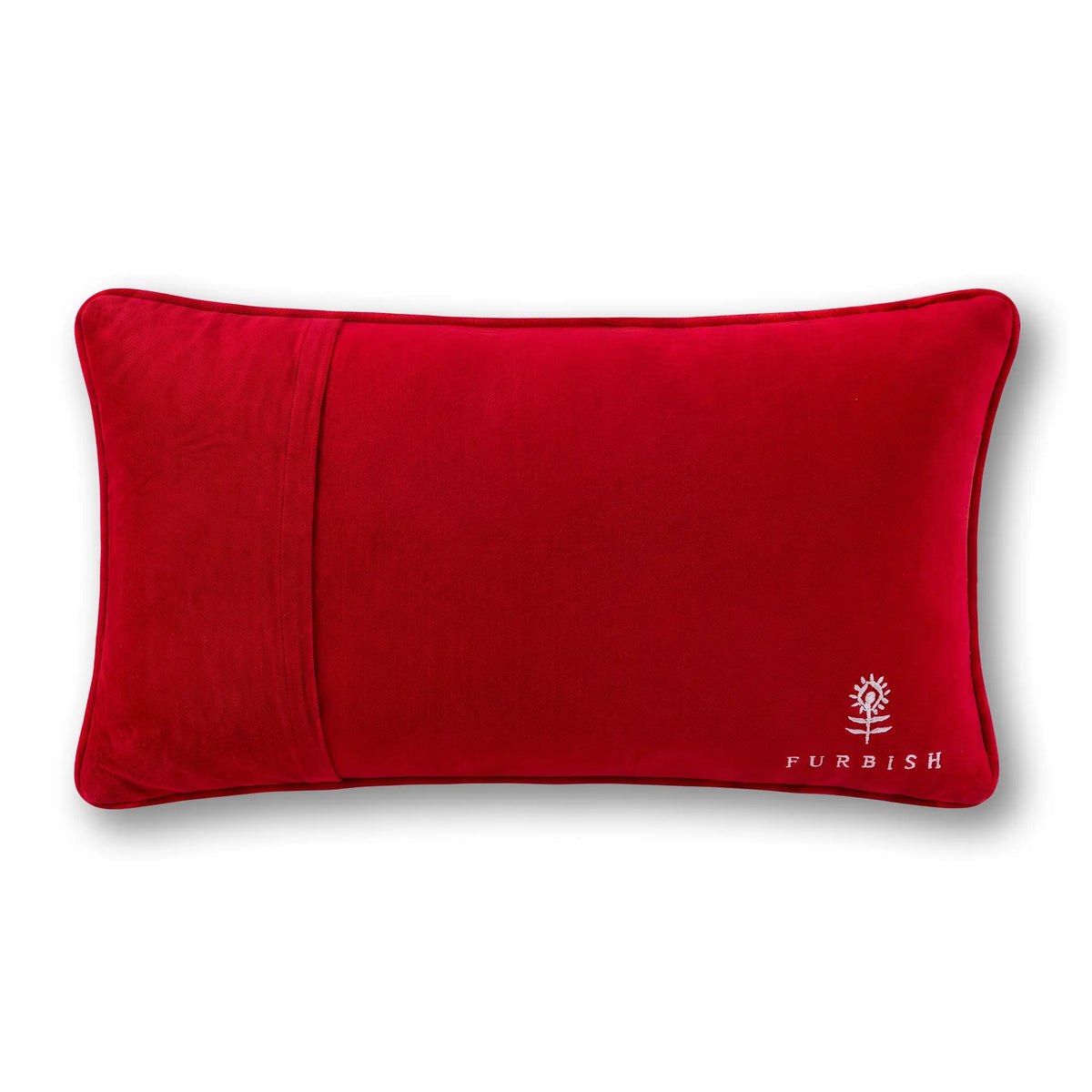 Red accent pillow with logo on lower right