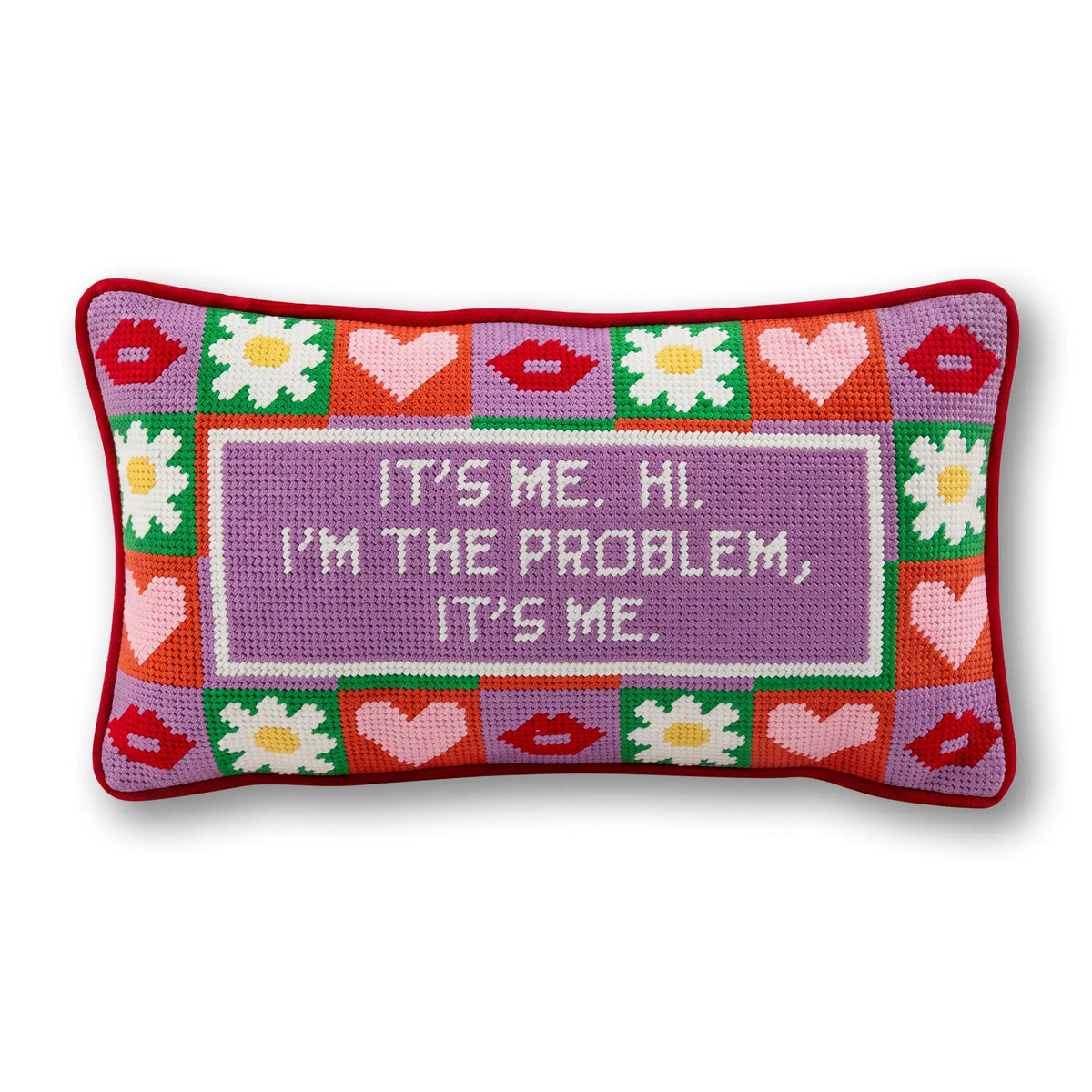 Needlepoint accent pillow with red border, multicolor hearts, and purple quote panel