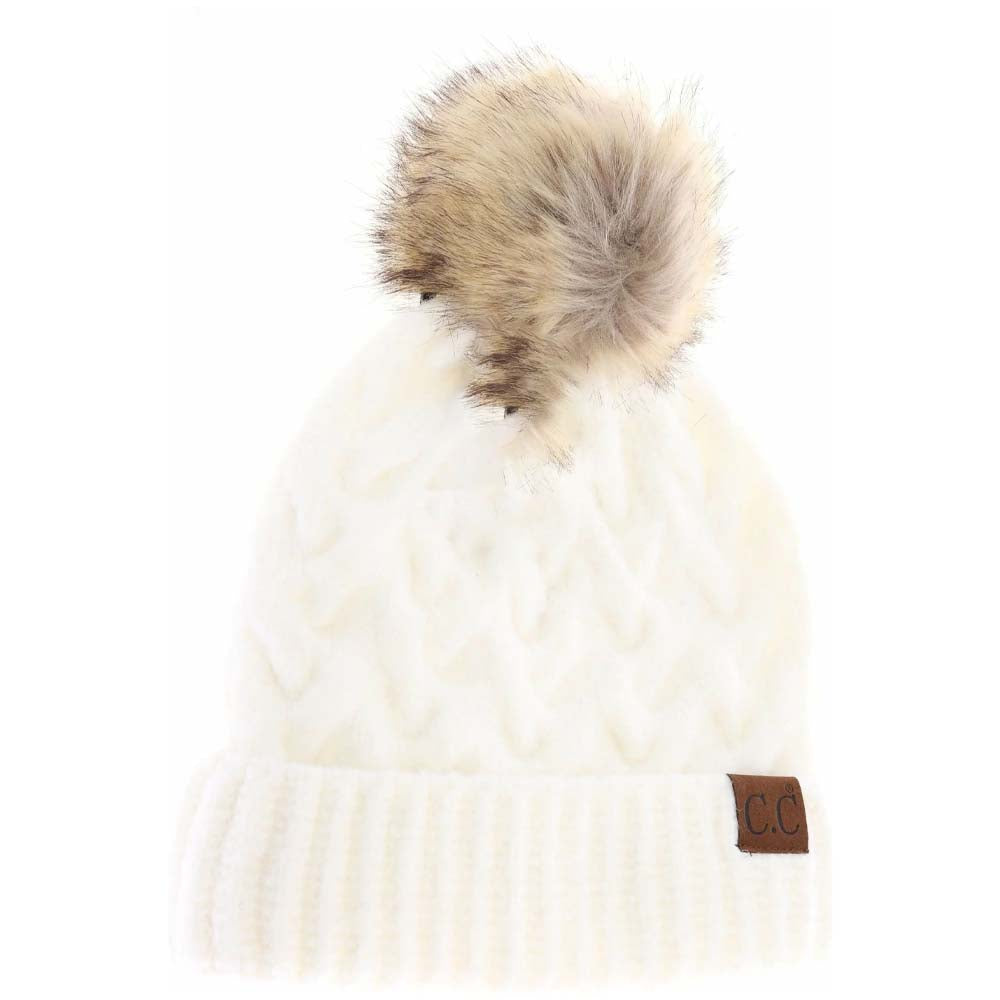 Chunky cable knit beanie with faux fur pom-pom, ivory, ribbed cuff and C.C. patch