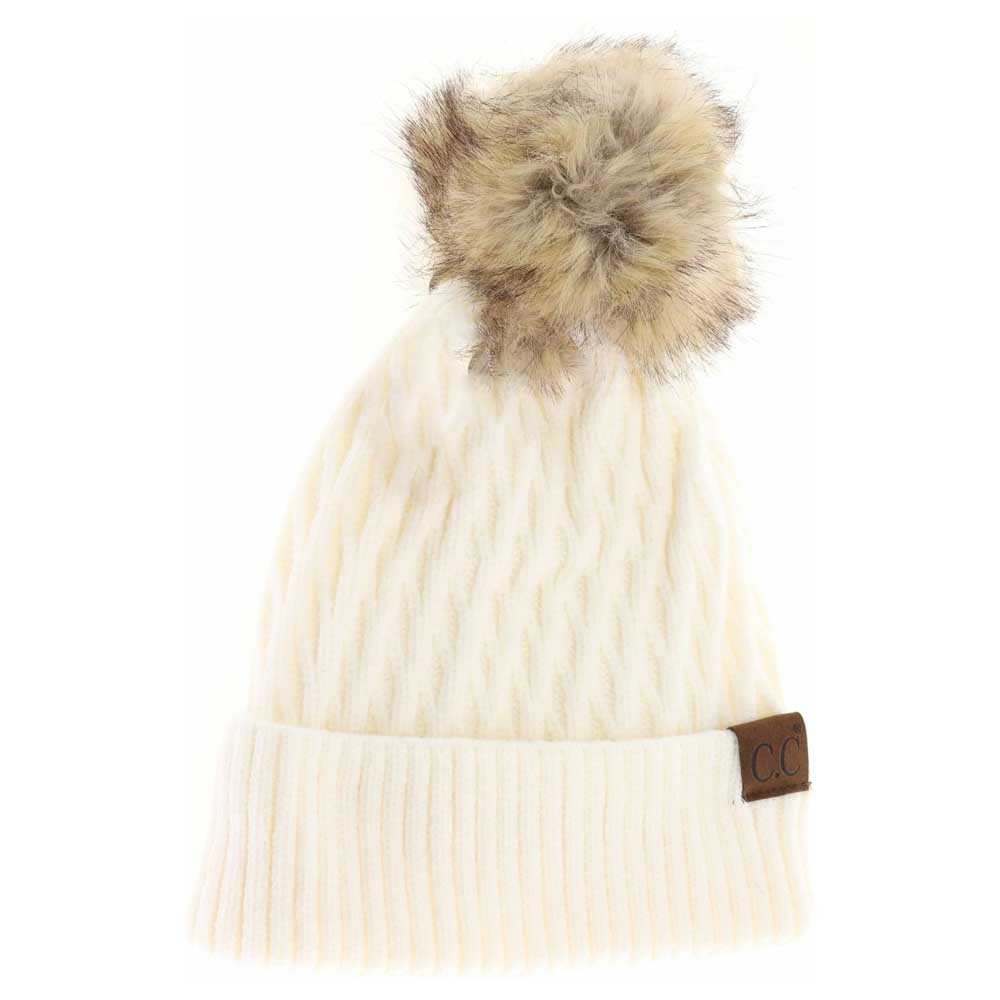 Ivory textured knit beanie with faux fur pom-pom and C.C label patch