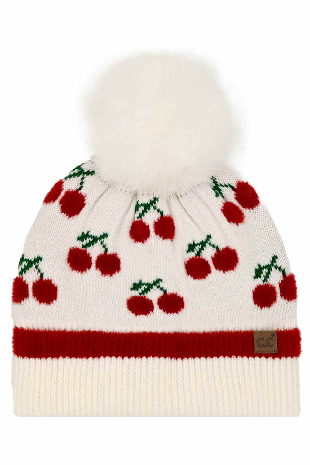 CC cherry-pattern pom beanie, ivory with white pom and red-and-green cherries