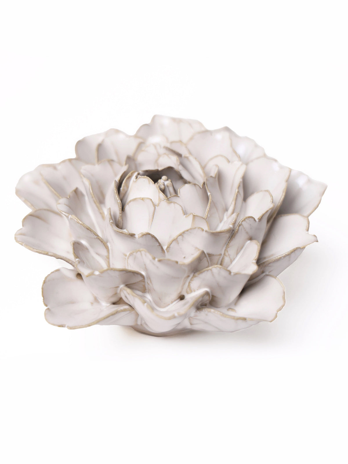 Ivory ceramic peony flower with metallic center and scalloped petals