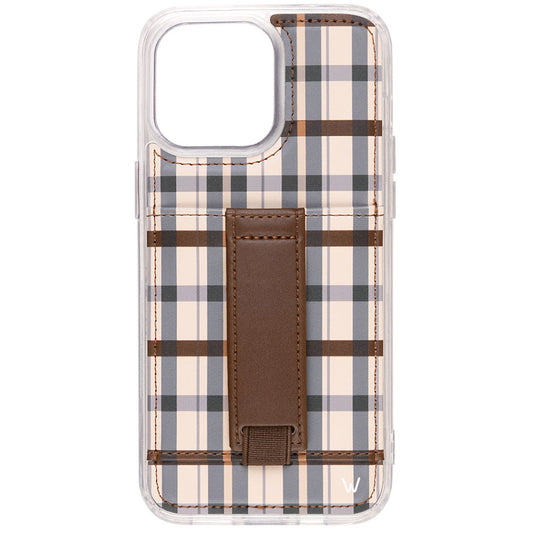 Plaid phone case with clear back and brown leather strap detail